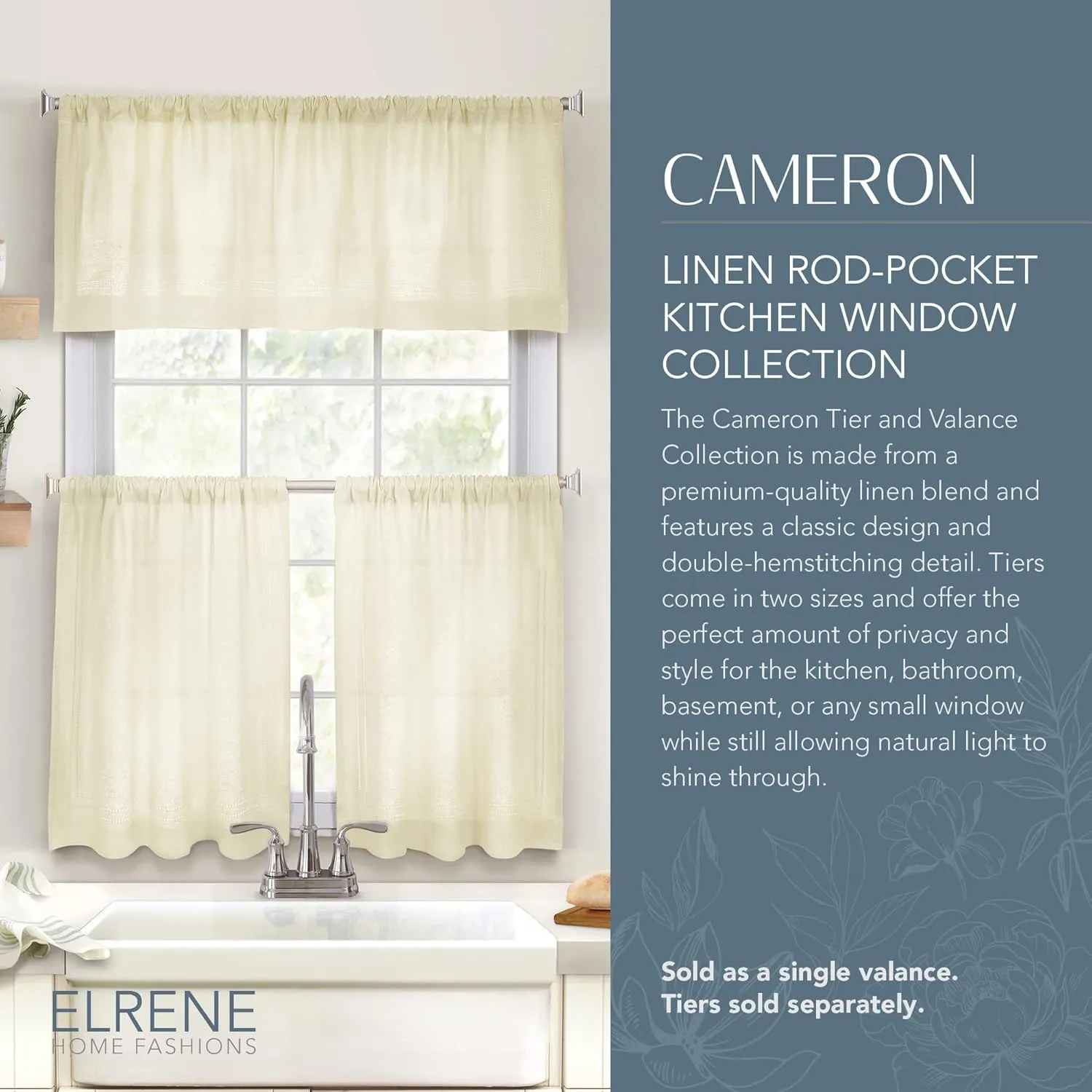 Elrene Home Fashions Cameron Linen Window Valance, 60" W x 15" L (1 Valance), Ivory