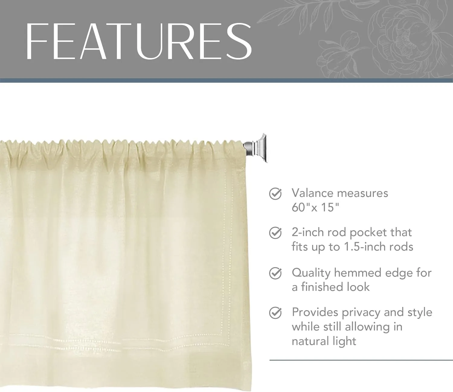 Elrene Home Fashions Cameron Linen Window Valance, 60" W x 15" L (1 Valance), Ivory