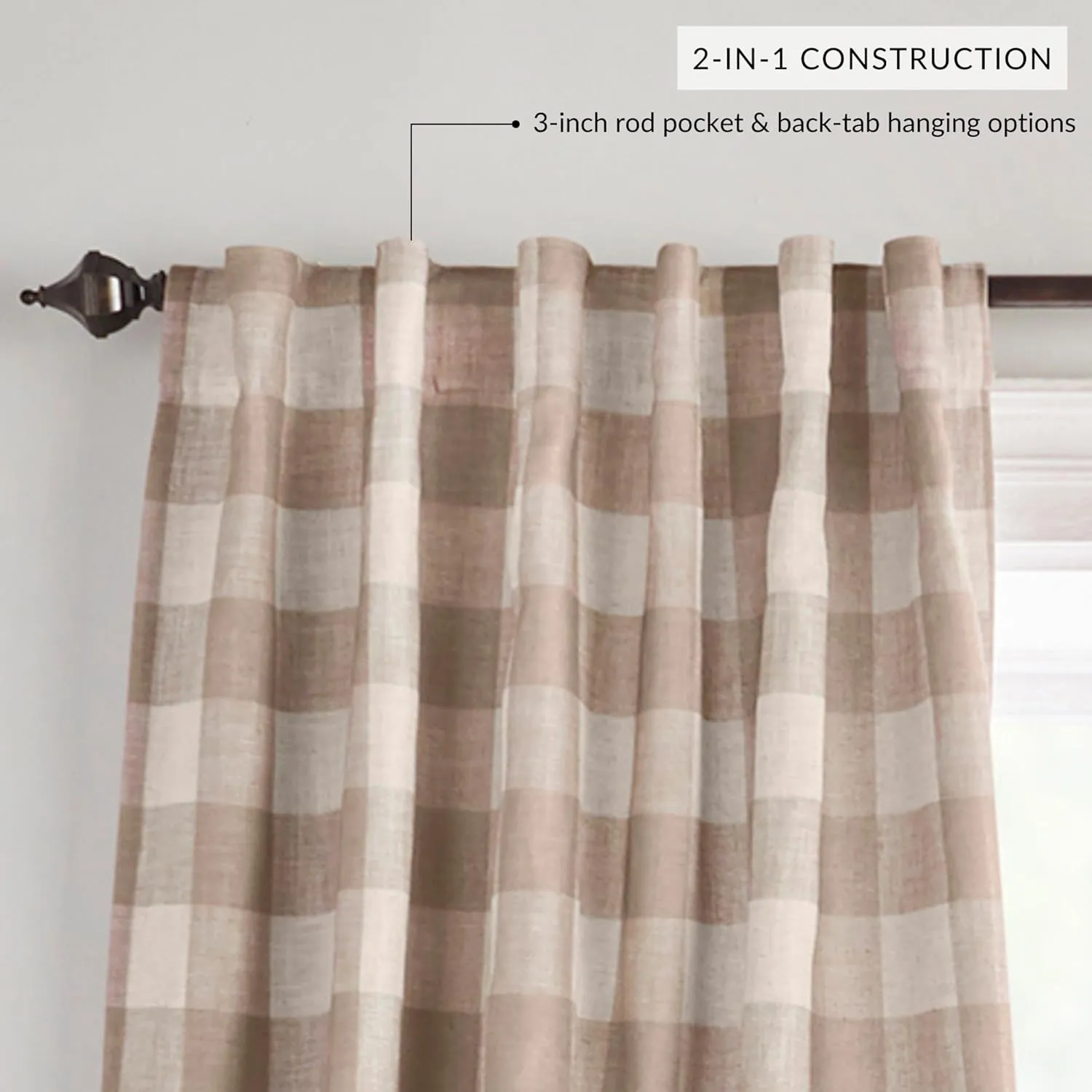 Elrene Home Fashions Farmhouse Living Grainger Buffalo-Check Blackout Window Curtain, Living Room and Bedroom Drape with Rod Pocket Tabs, 52" x 95", Linen, 1 Panel