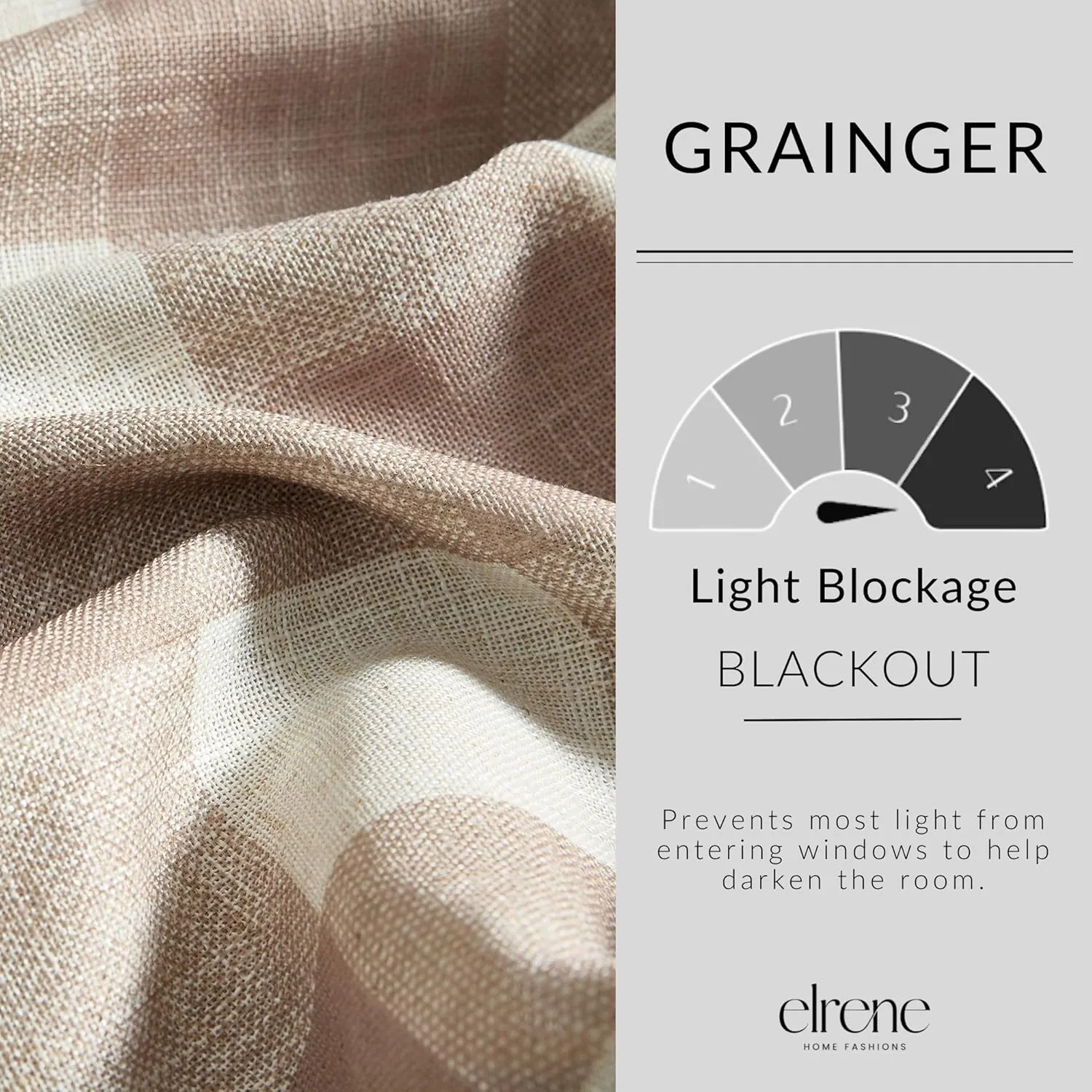 Elrene Home Fashions Farmhouse Living Grainger Buffalo-Check Blackout Window Curtain, Living Room and Bedroom Drape with Rod Pocket Tabs, 52" x 95", Linen, 1 Panel