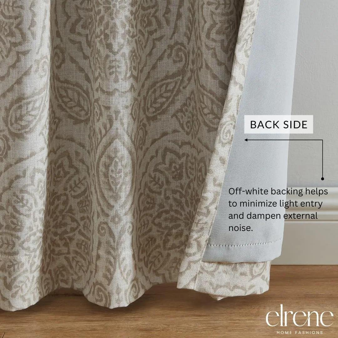 Elrene Home Fashions Giovanni Medallion Block Print Linen Blend Blackout Lined Window Curtain Panel, 52"x84", Natural