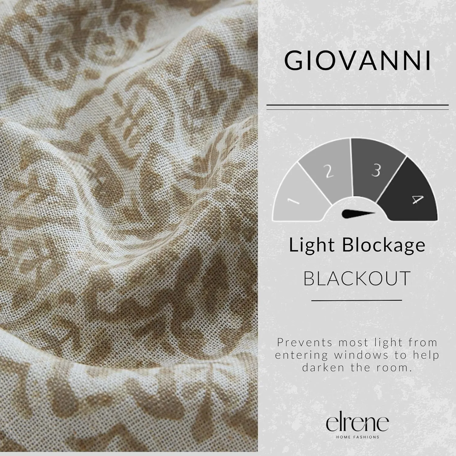 Elrene Home Fashions Giovanni Medallion Block Print Linen Blend Blackout Lined Window Curtain Panel, 52"x84", Natural