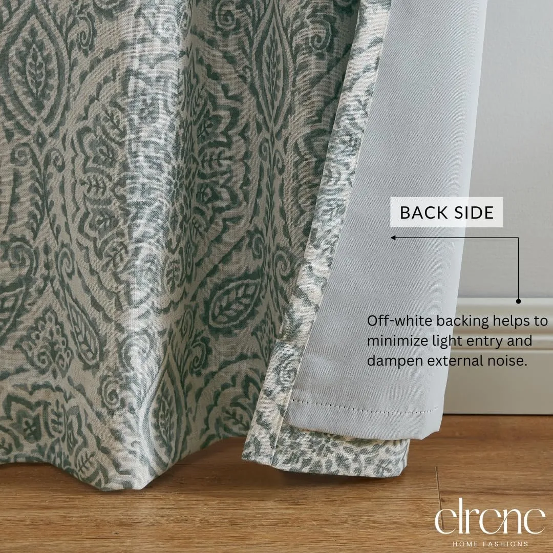 Elrene Home Fashions Giovanni Medallion Block Print Linen Blend Blackout Lined Window Curtain Panel, 52"x95", Sage
