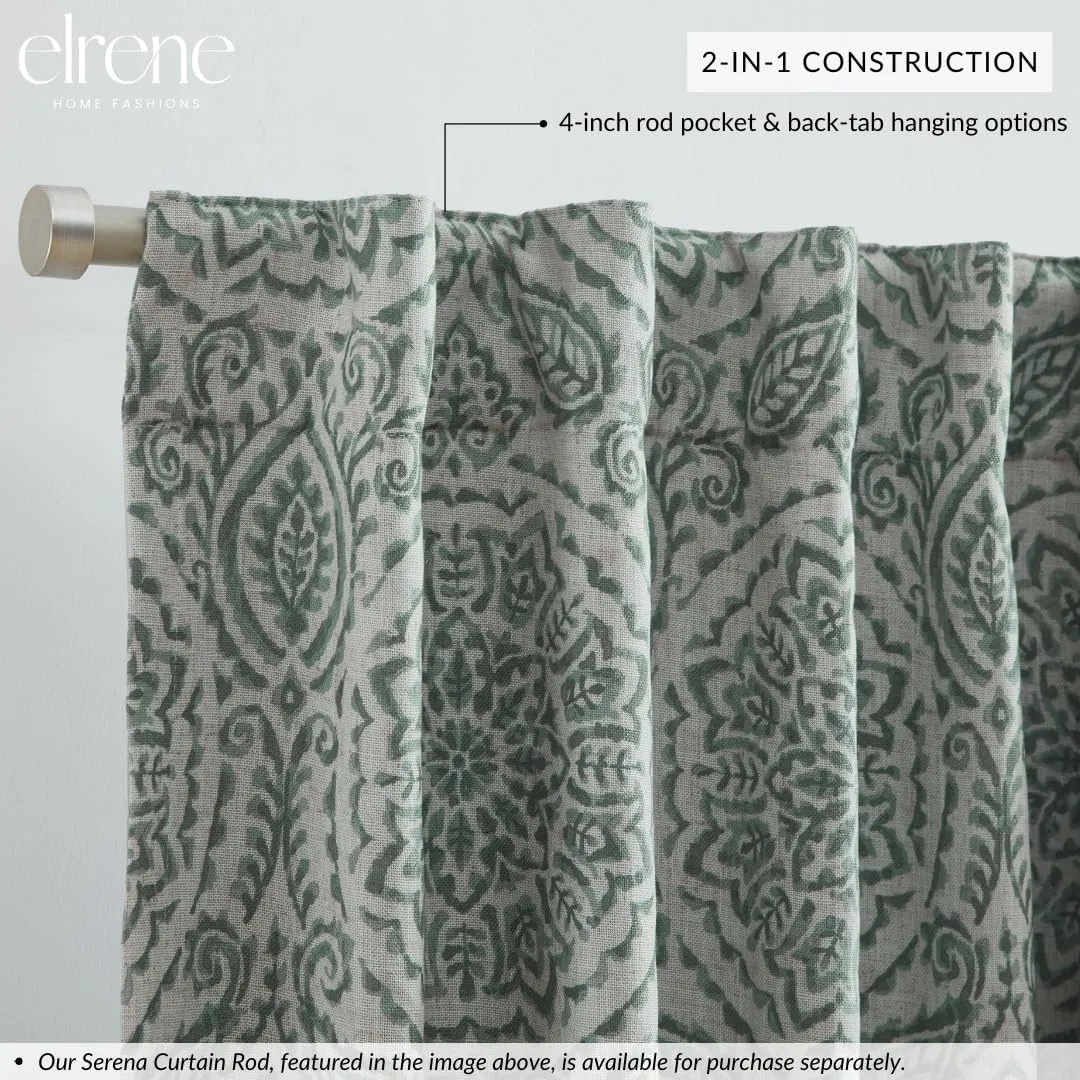 Elrene Home Fashions Giovanni Medallion Block Print Linen Blend Blackout Lined Window Curtain Panel, 52"x95", Sage