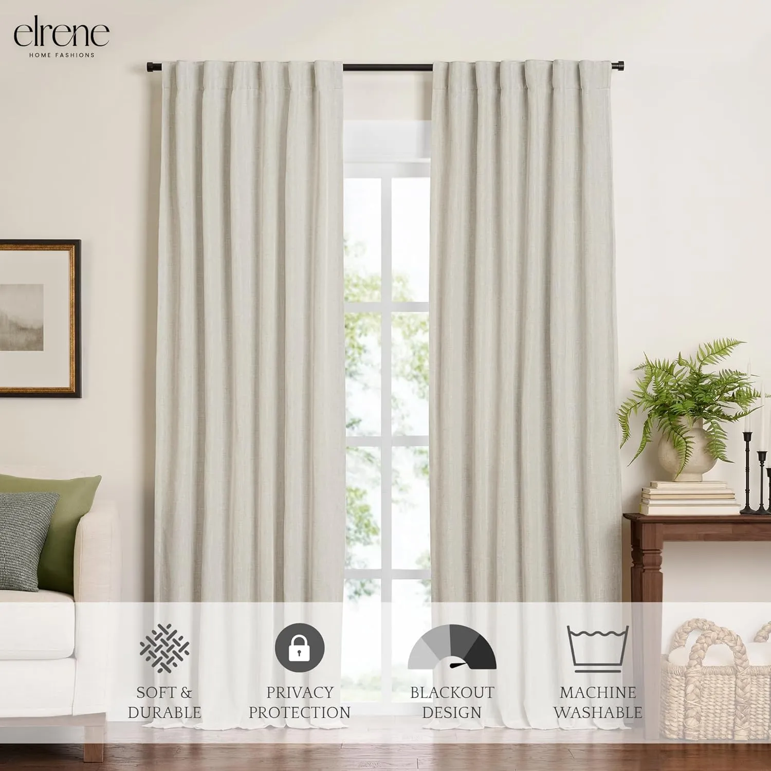 Elrene Home Fashions Harrow Solid Texture Blackout Single Window Curtain Panel, 52"x95", Natural