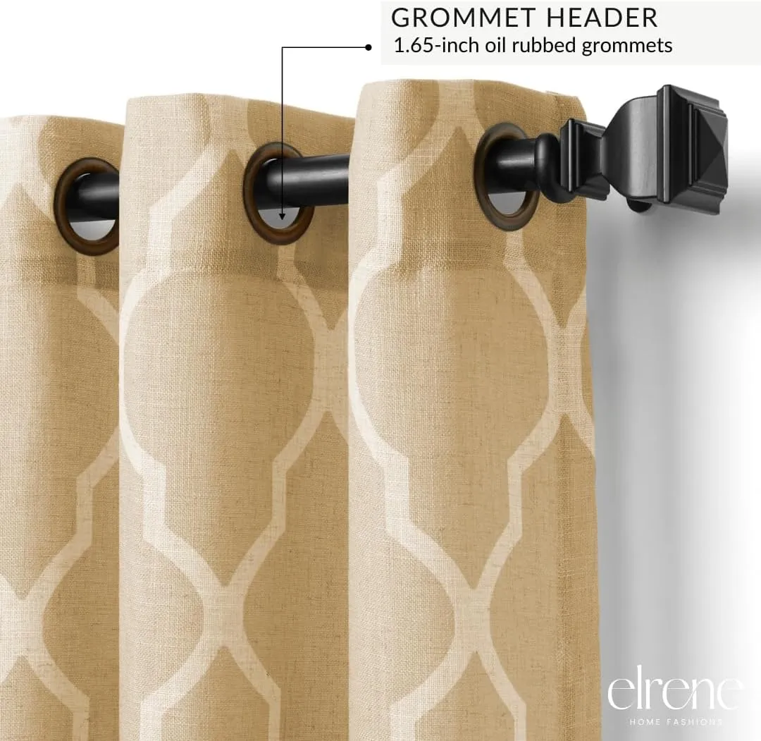 Elrene Home Fashions Medalia Grommet Top Light Filtering Trellis Geometric Pattern Linen Blend Window Curtain Single Panel, 52" x 108", Toasted Wheat