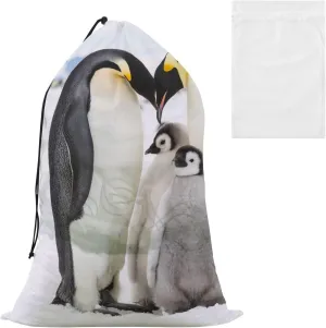 Emperor Penguin Family Parents with Baby Penguins Laundry Bags, Drawstring Closure Dirty Clothes Bag Organizer, Heavy Duty Large Laundry Bag Storage, Rip-Stop Bags for Camp Travel, Machine Washable 24