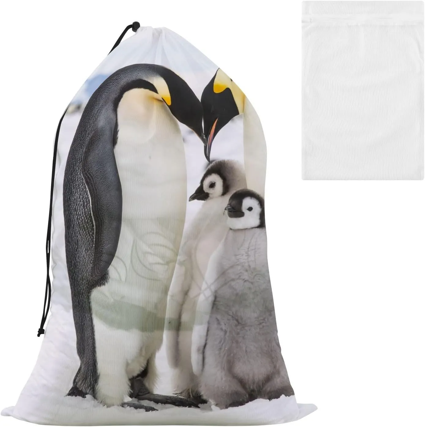 Emperor Penguin Family Parents with Baby Penguins Laundry Bags, Drawstring Closure Dirty Clothes Bag Organizer, Heavy Duty Large Laundry Bag Storage, Rip-Stop Bags for Camp Travel, Machine Washable 24