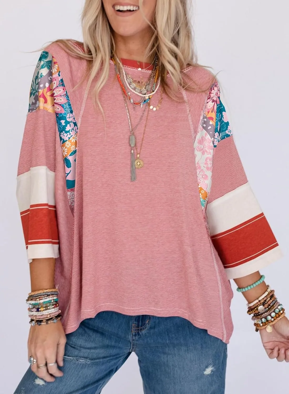 EVALESS 3/4 Length Sleeve Womens Tops Trendy 2025 Spring Summer Crew Neck Oversized Striped Patchwork Shirts Blouse