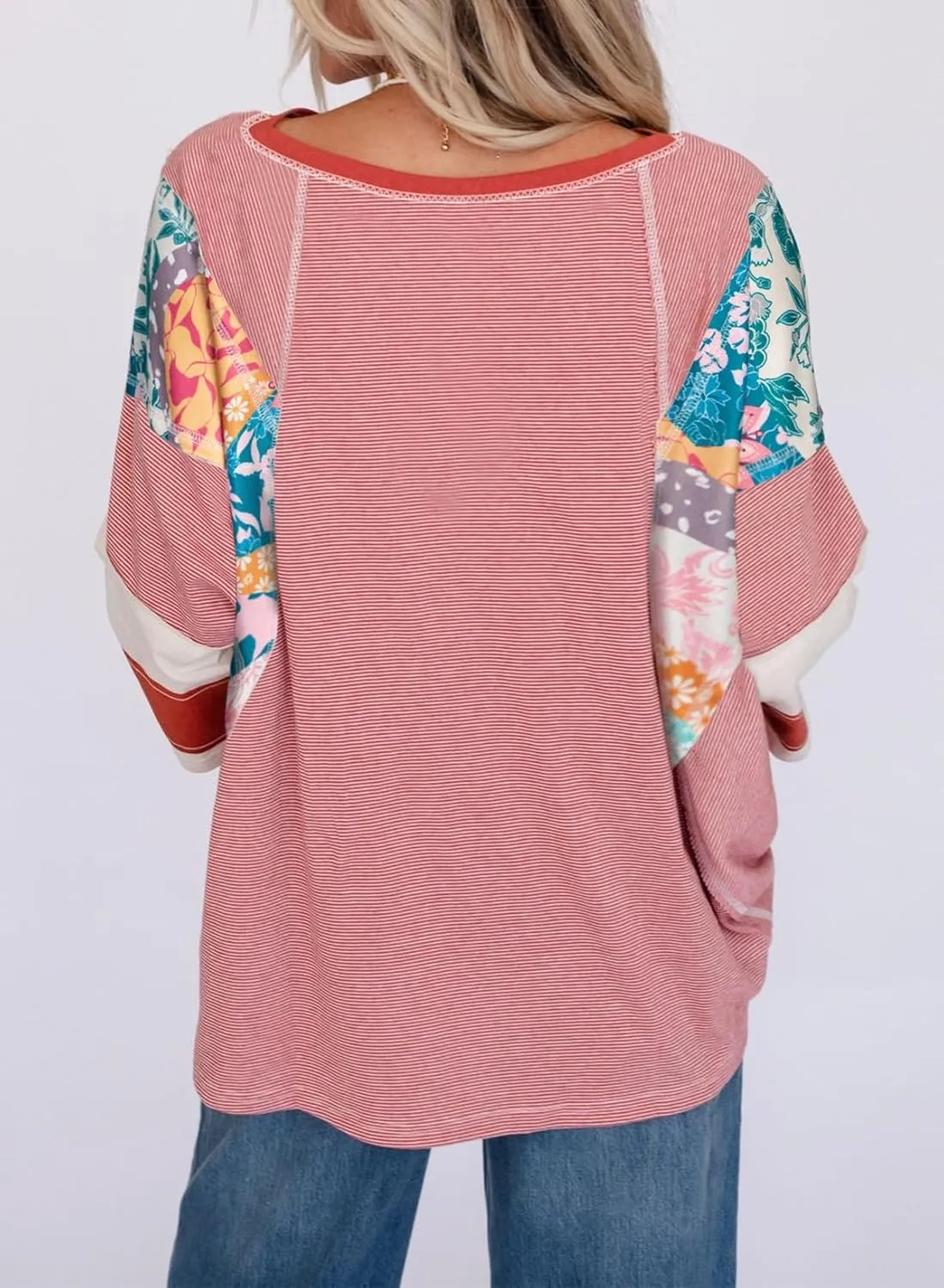 EVALESS 3/4 Length Sleeve Womens Tops Trendy 2025 Spring Summer Crew Neck Oversized Striped Patchwork Shirts Blouse