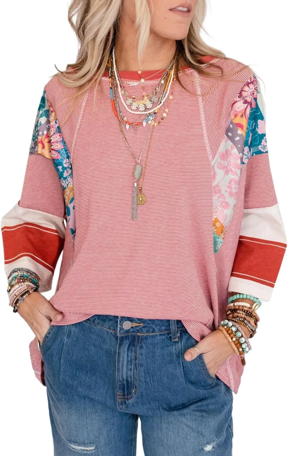 EVALESS 3/4 Length Sleeve Womens Tops Trendy 2025 Spring Summer Crew Neck Oversized Striped Patchwork Shirts Blouse