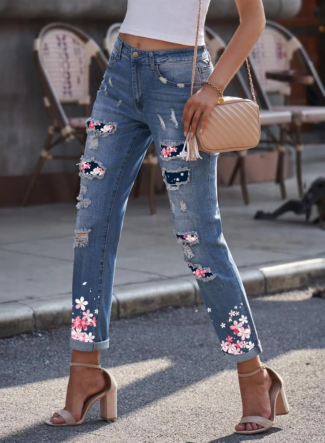 EVALESS Ripped Jeans for Women Plaid Patch Boyfriend Skinny Distressed Denim Jean Pants