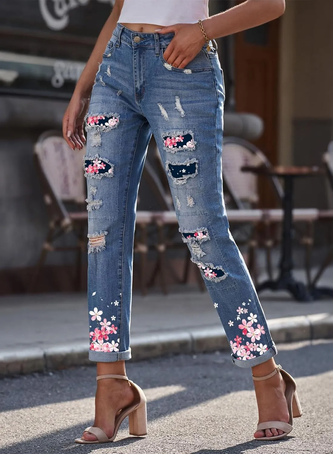 EVALESS Ripped Jeans for Women Plaid Patch Boyfriend Skinny Distressed Denim Jean Pants