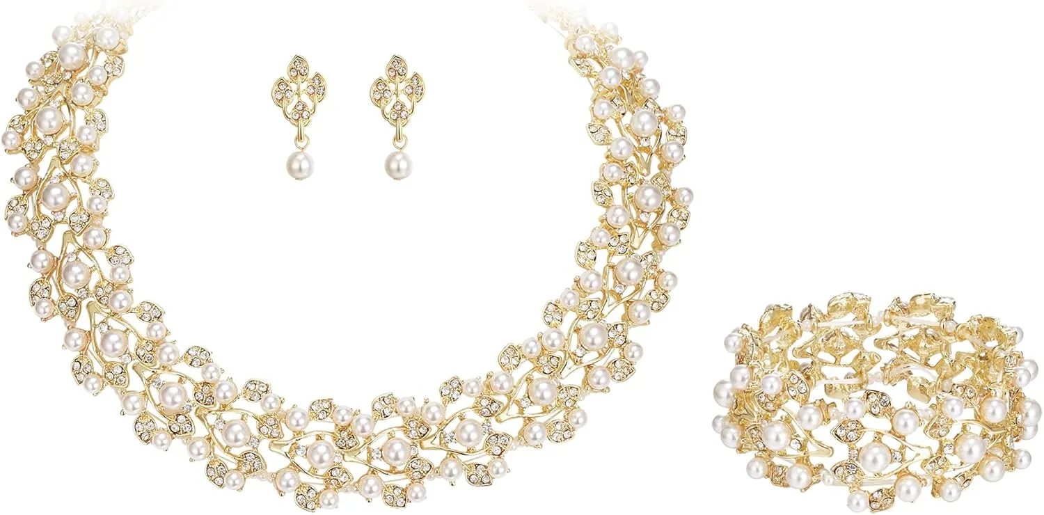 EVER FAITH Austrian Crystal Bridal Cream Simulated Pearl Leaf Luxury Necklace Earrings Bracelet Set