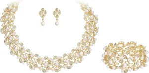 EVER FAITH Austrian Crystal Bridal Cream Simulated Pearl Leaf Luxury Necklace Earrings Bracelet Set