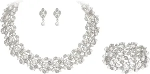 EVER FAITH Austrian Crystal Bridal Cream Simulated Pearl Leaf Luxury Necklace Earrings Bracelet Set