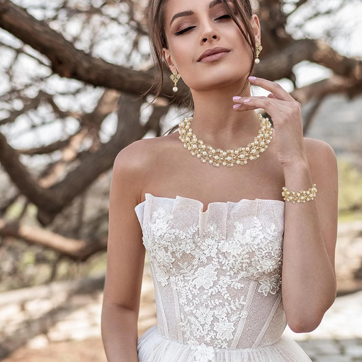 EVER FAITH Austrian Crystal Bridal Cream Simulated Pearl Leaf Luxury Necklace Earrings Bracelet Set