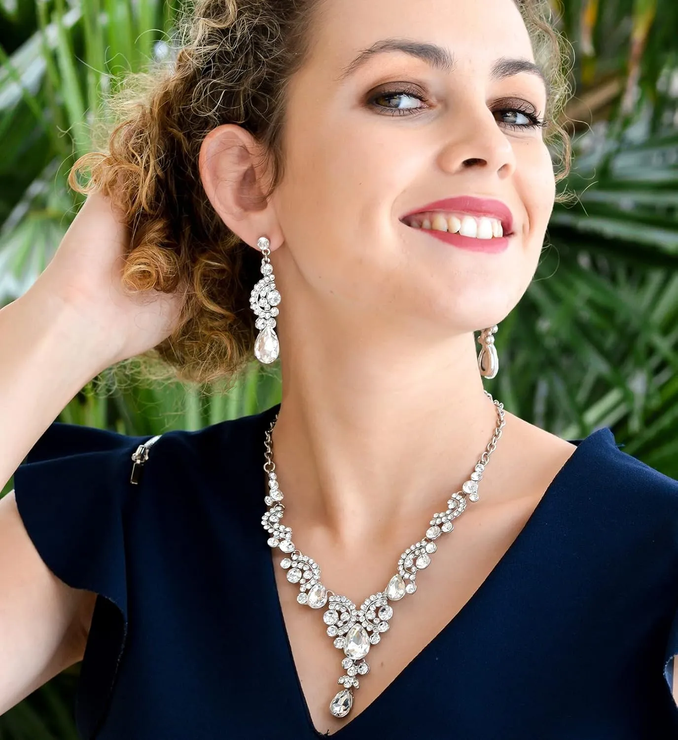 EVER FAITH Rhinestone Crystal Bridal Floral Wave Teardrop Necklace Earrings Set