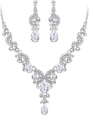 EVER FAITH Rhinestone Crystal Bridal Floral Wave Teardrop Necklace Earrings Set