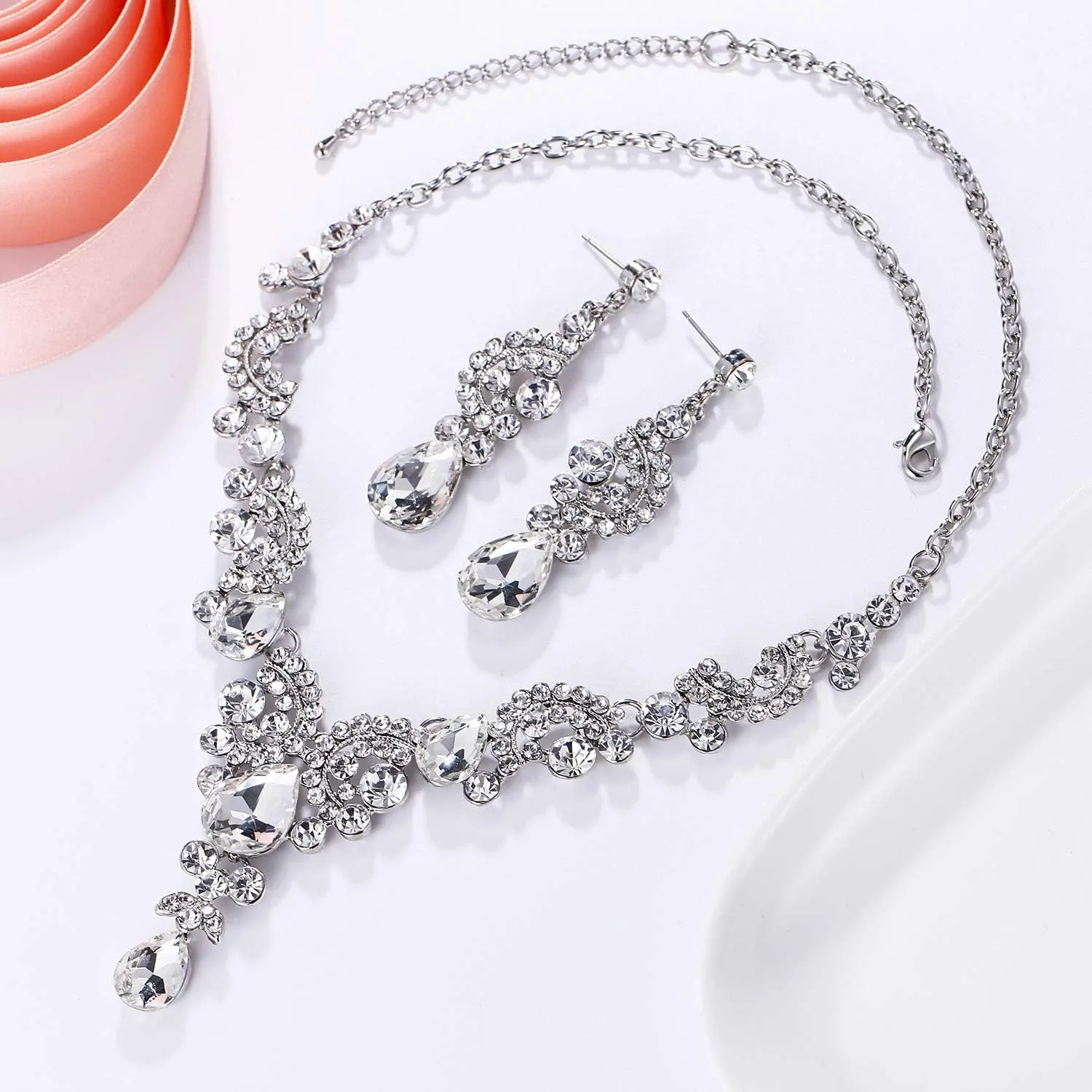 EVER FAITH Rhinestone Crystal Bridal Floral Wave Teardrop Necklace Earrings Set