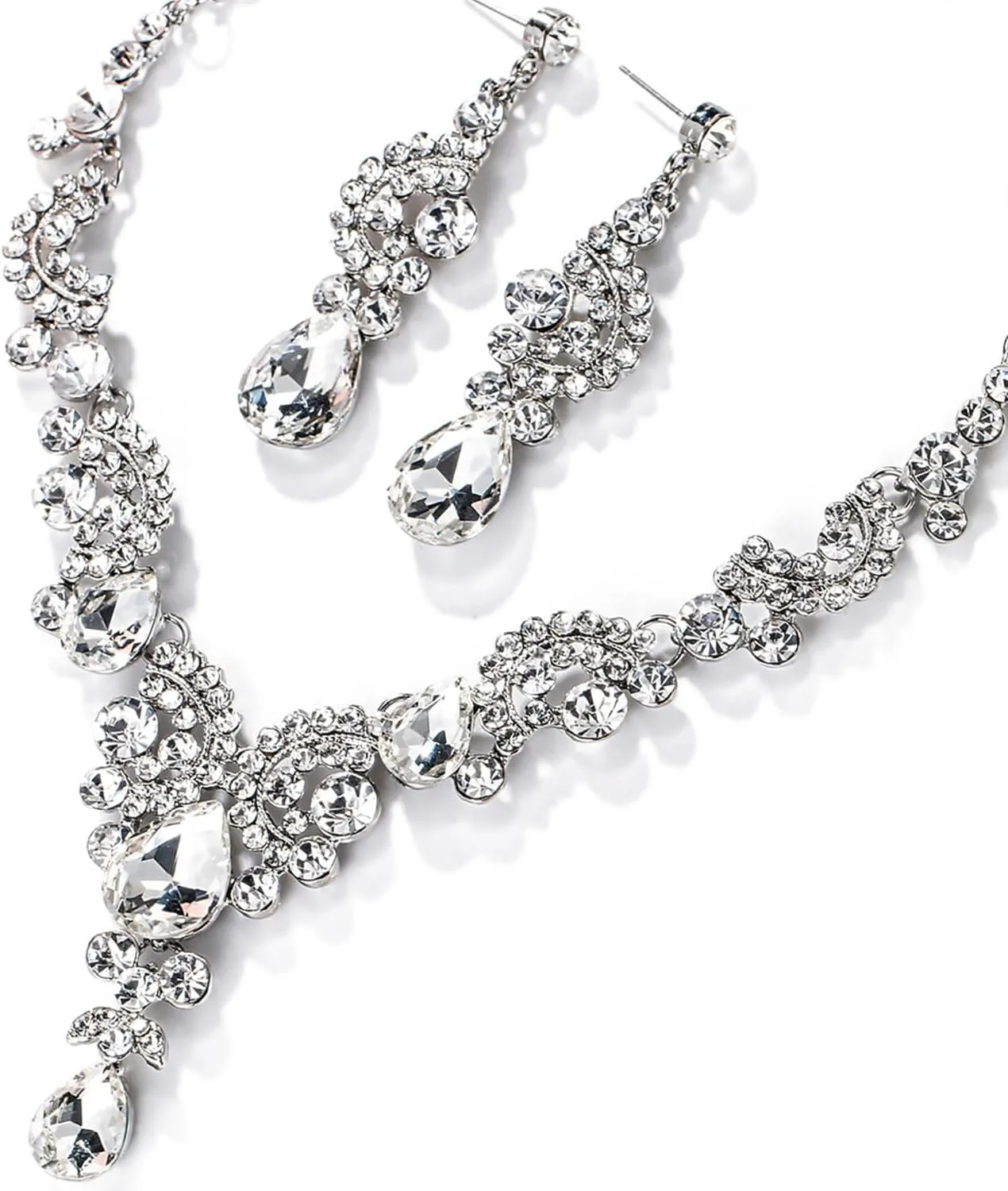 EVER FAITH Rhinestone Crystal Bridal Floral Wave Teardrop Necklace Earrings Set