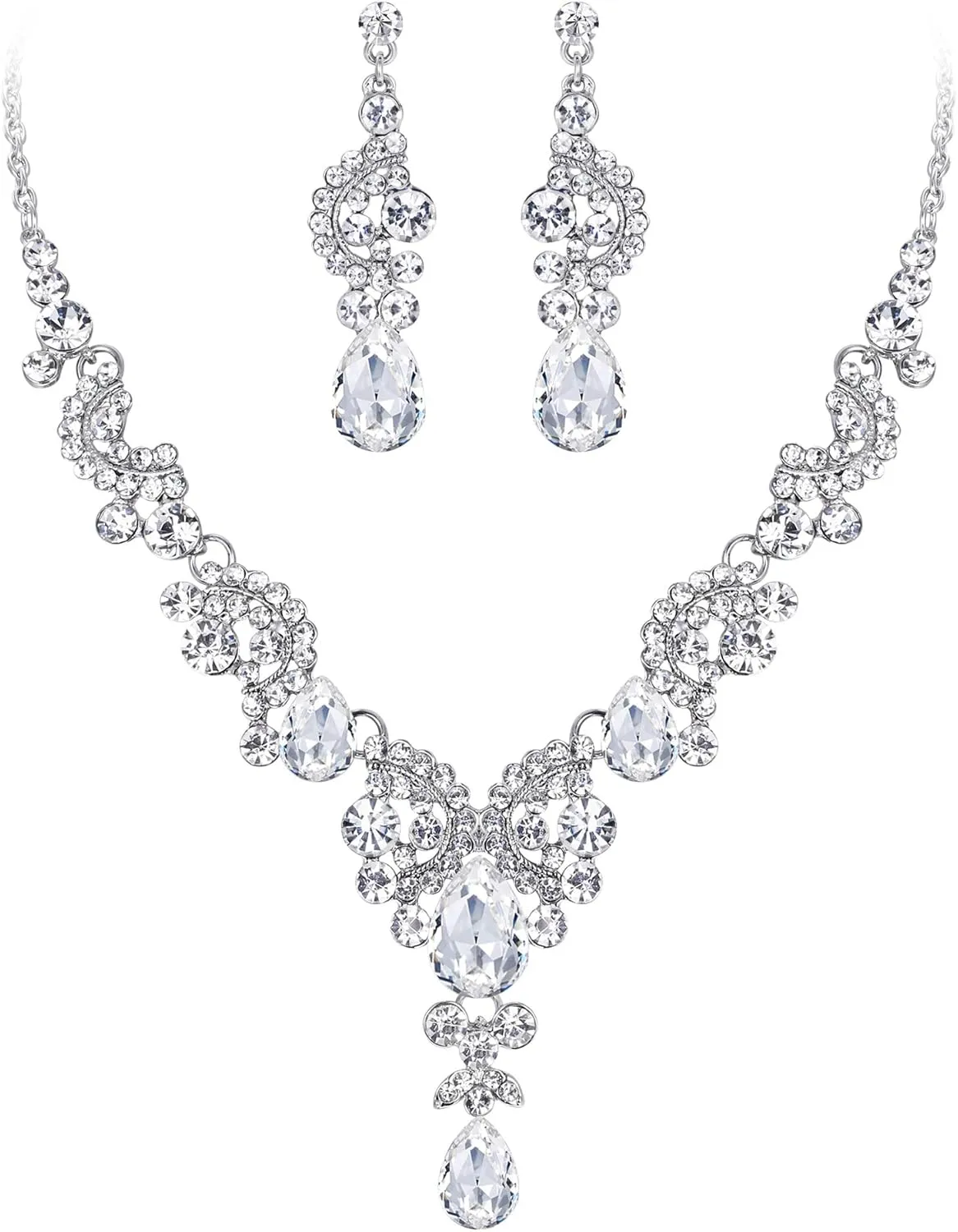 EVER FAITH Rhinestone Crystal Bridal Floral Wave Teardrop Necklace Earrings Set