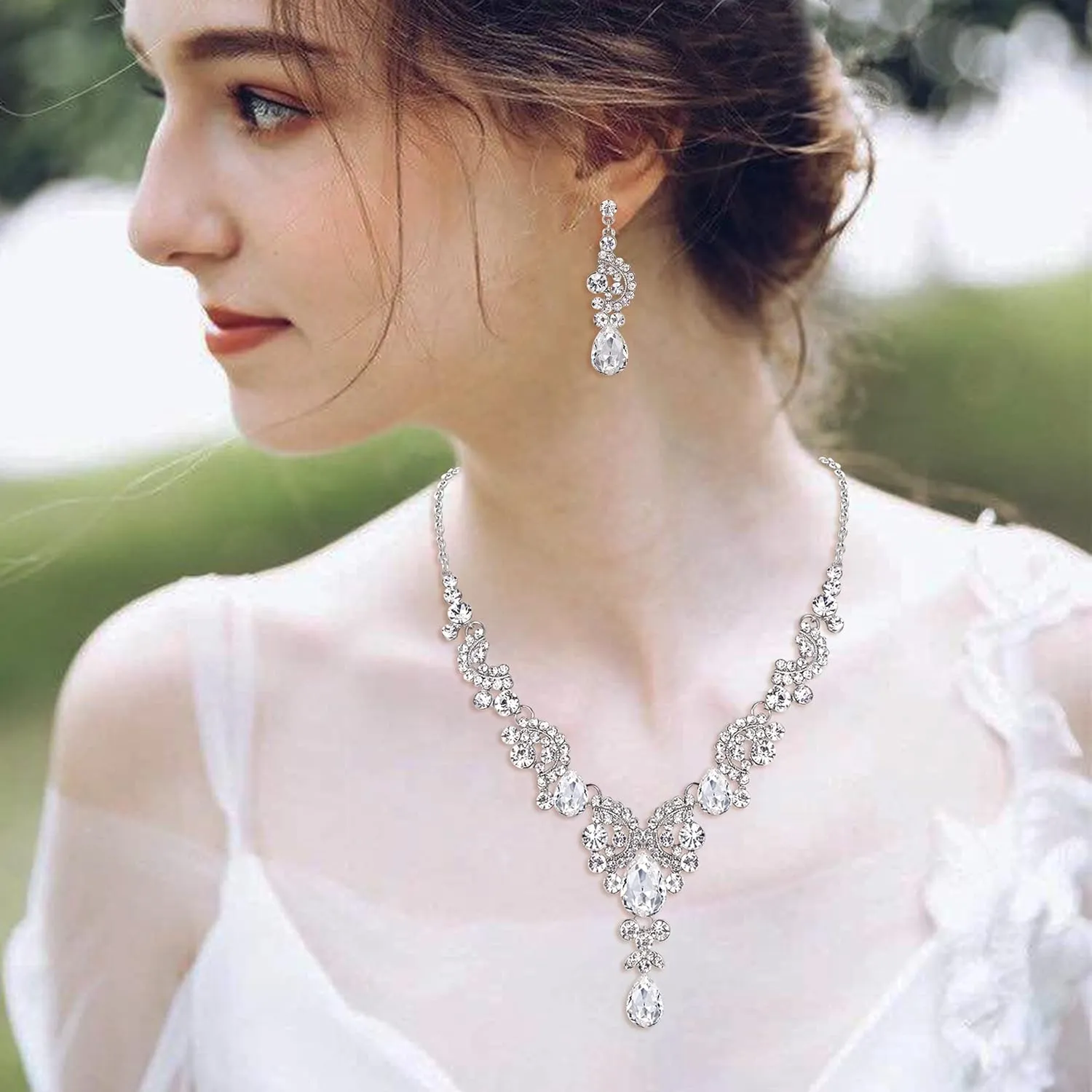 EVER FAITH Rhinestone Crystal Bridal Floral Wave Teardrop Necklace Earrings Set