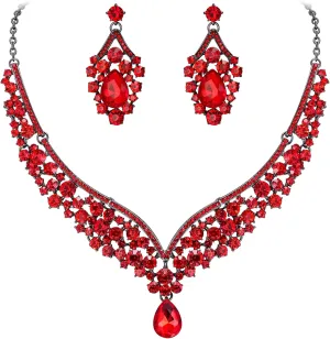 EVER FAITH Wedding Jewelry for Bride Austrian Crystal Elegant V-Shaped Teardrop Bridal Prom Statement Necklace Earrings Set for Women