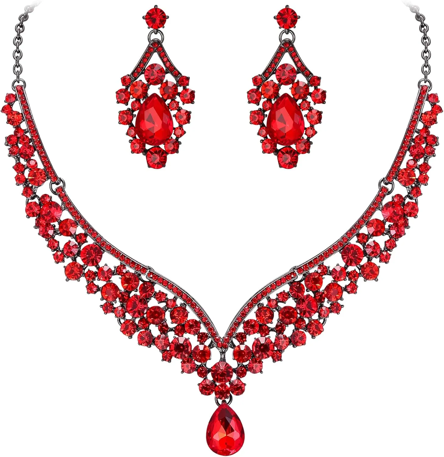 EVER FAITH Wedding Jewelry for Bride Austrian Crystal Elegant V-Shaped Teardrop Bridal Prom Statement Necklace Earrings Set for Women
