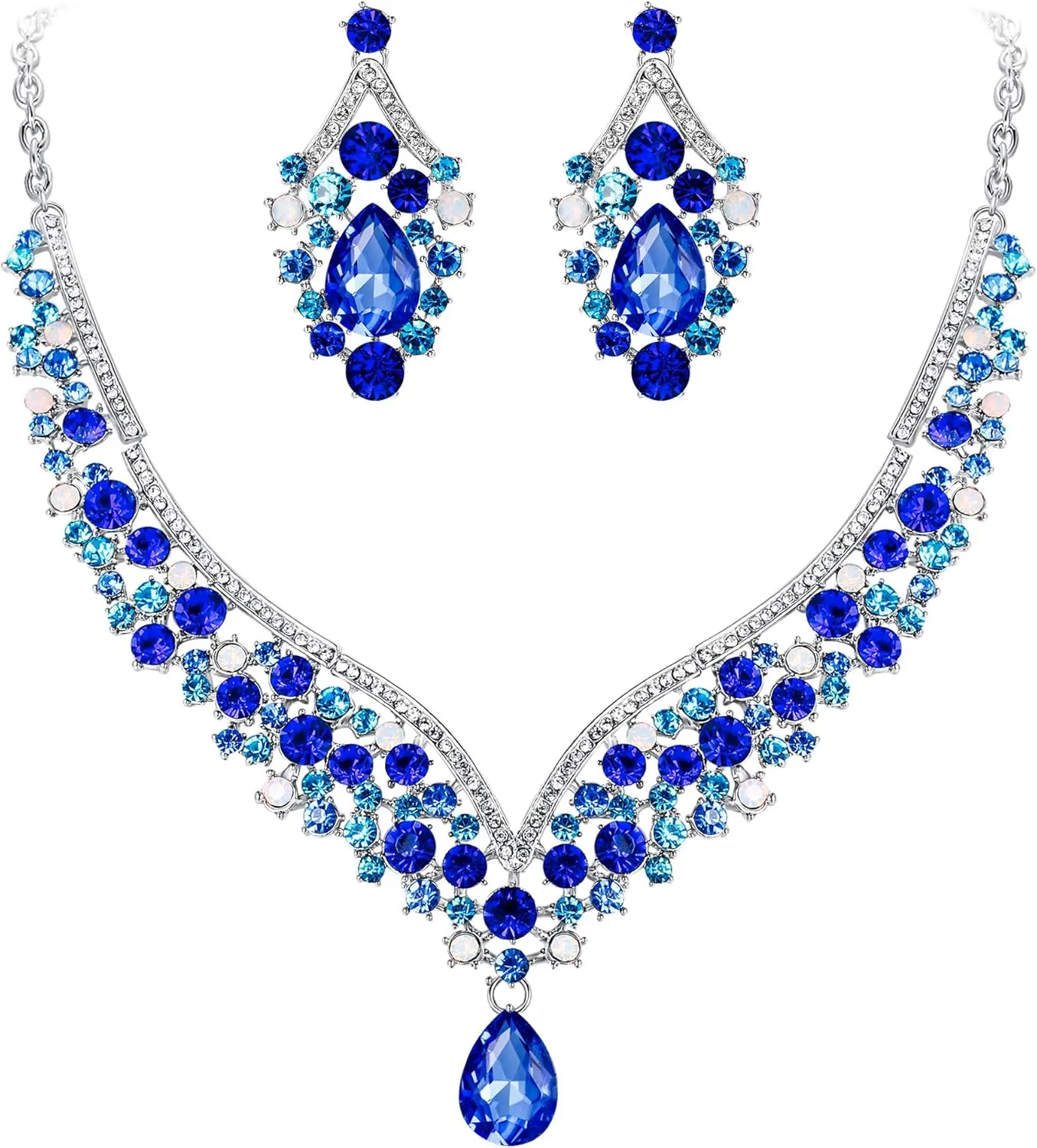 EVER FAITH Wedding Jewelry for Bride Austrian Crystal Elegant V-Shaped Teardrop Bridal Prom Statement Necklace Earrings Set for Women