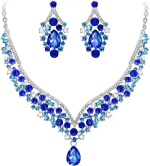 EVER FAITH Wedding Jewelry for Bride Austrian Crystal Elegant V-Shaped Teardrop Bridal Prom Statement Necklace Earrings Set for Women