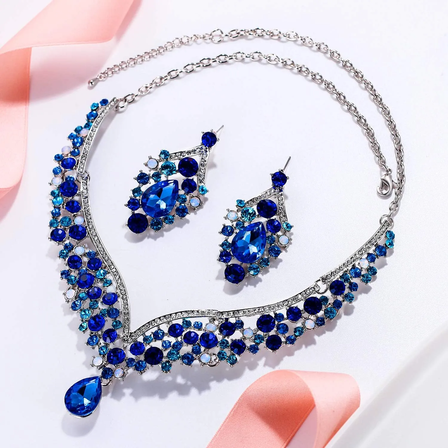 EVER FAITH Wedding Jewelry for Bride Austrian Crystal Elegant V-Shaped Teardrop Bridal Prom Statement Necklace Earrings Set for Women