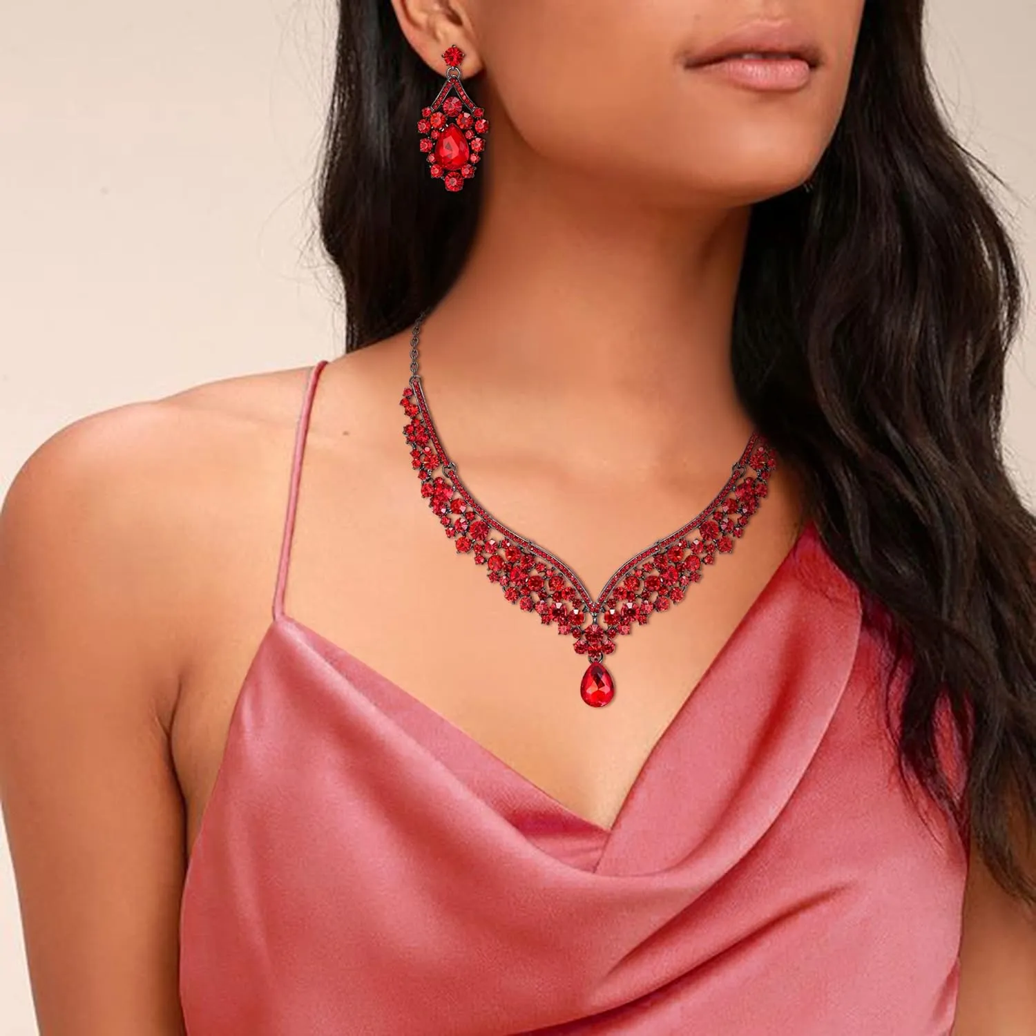 EVER FAITH Wedding Jewelry for Bride Austrian Crystal Elegant V-Shaped Teardrop Bridal Prom Statement Necklace Earrings Set for Women