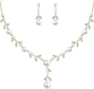 EVER FAITH Wedding Pearl Jewelry for Bride CZ Crystal Simulated Pearls Floral Vine Filigree Bridal Necklace Earrings Set