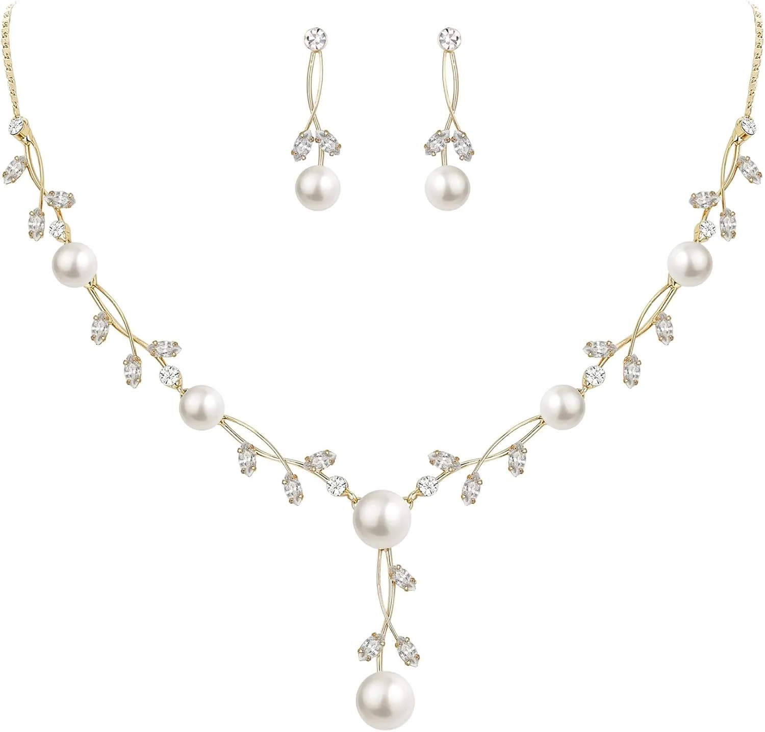 EVER FAITH Wedding Pearl Jewelry for Bride CZ Crystal Simulated Pearls Floral Vine Filigree Bridal Necklace Earrings Set