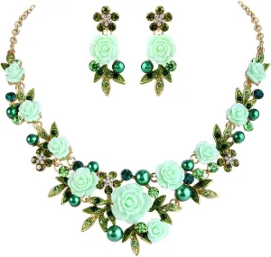 EVER FAITH Women's Austrian Crystal Simulated Pearl Rose Flower Leaf Necklace Pierced Earrings Set