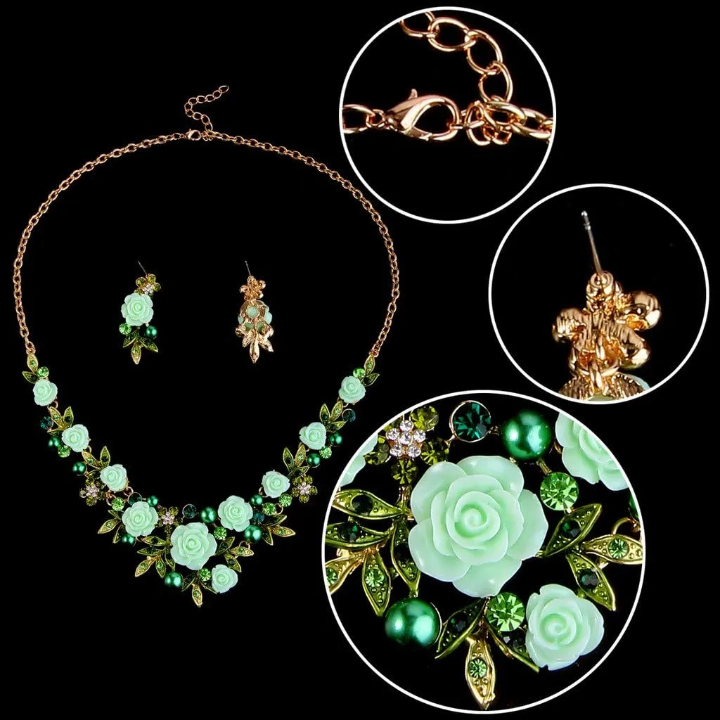 EVER FAITH Women's Austrian Crystal Simulated Pearl Rose Flower Leaf Necklace Pierced Earrings Set
