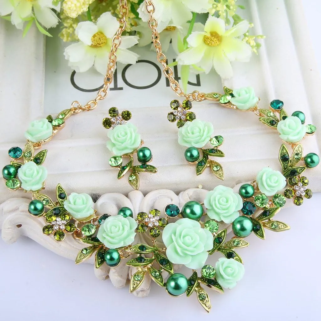 EVER FAITH Women's Austrian Crystal Simulated Pearl Rose Flower Leaf Necklace Pierced Earrings Set