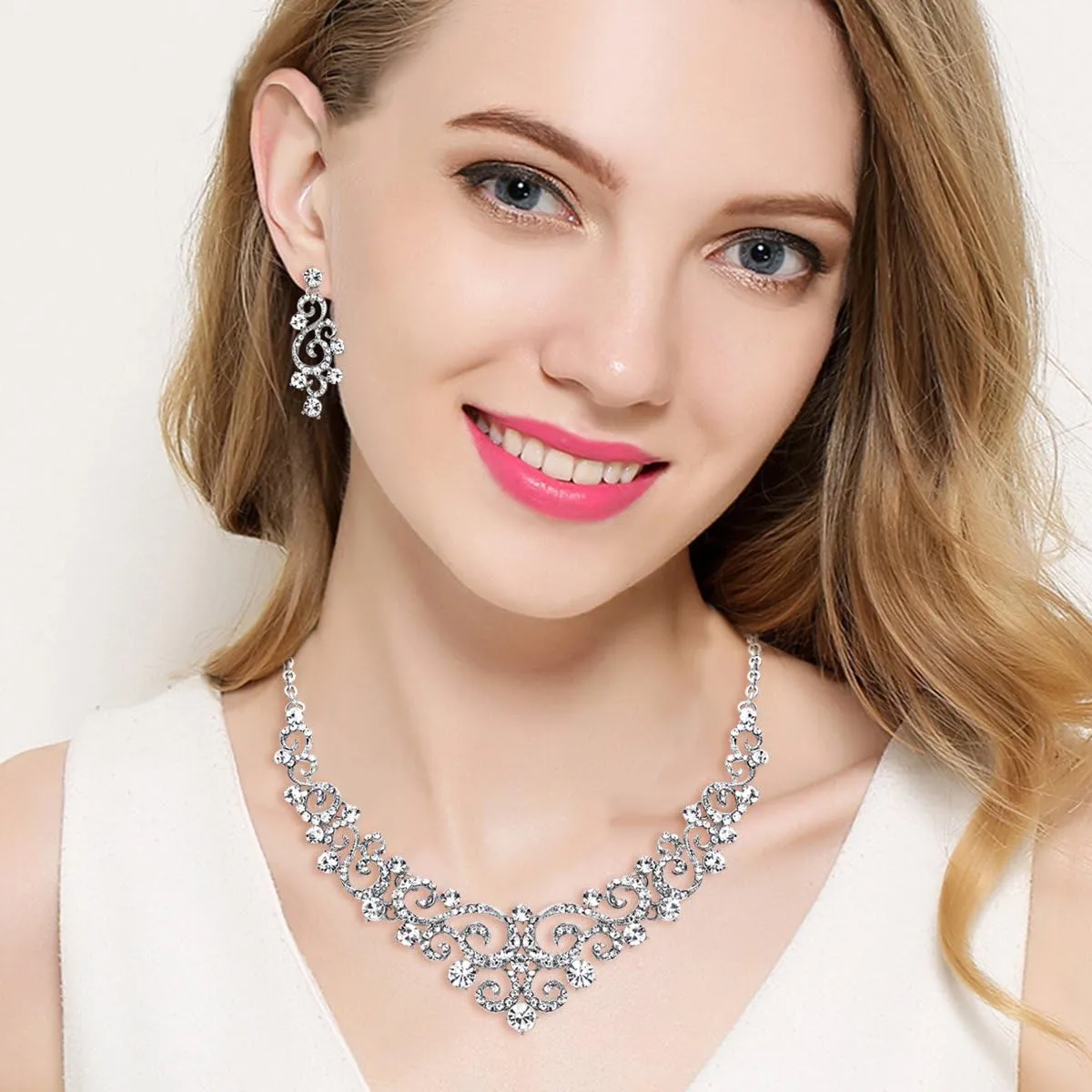 EVER FAITH Women's Crystal Gorgeous Floral Vine Bridal Necklace Earrings Set