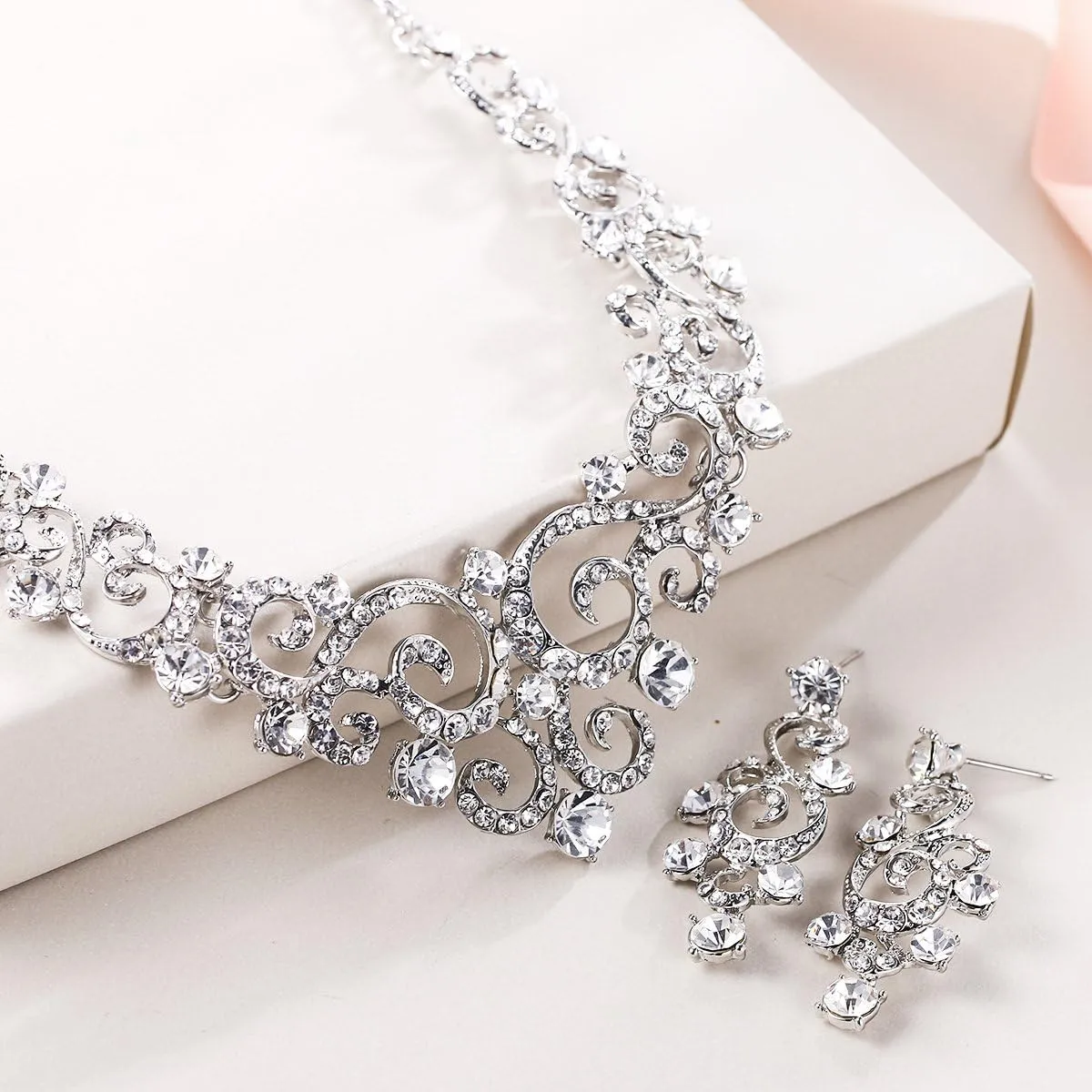 EVER FAITH Women's Crystal Gorgeous Floral Vine Bridal Necklace Earrings Set