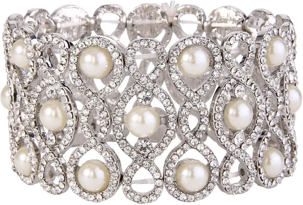 EVER FAITH Women's Crystal Simulated Pearl 8-Shaped Knot Stretch Bracelet Clear