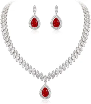 EVER FAITH Women's CZ Marquise-Shaped Leaf Teardrop Pendant Necklace Earrings Set Silver-Tone