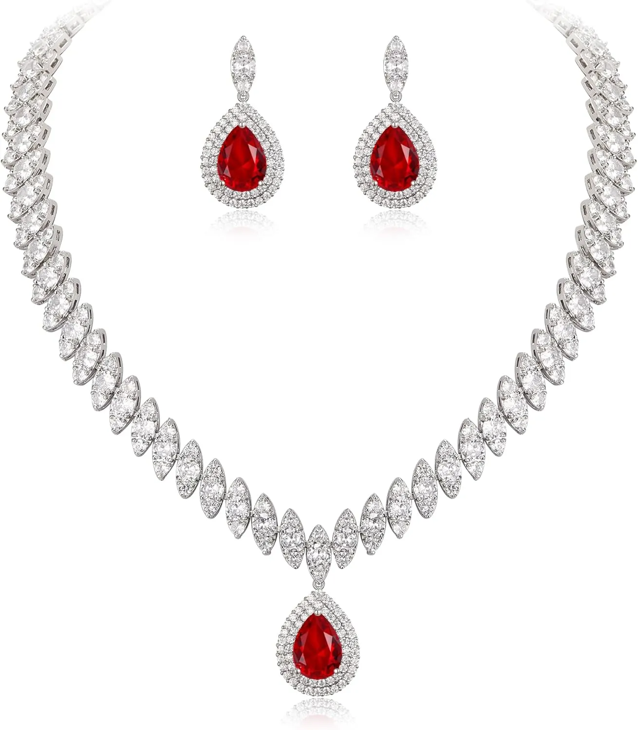 EVER FAITH Women's CZ Marquise-Shaped Leaf Teardrop Pendant Necklace Earrings Set Silver-Tone