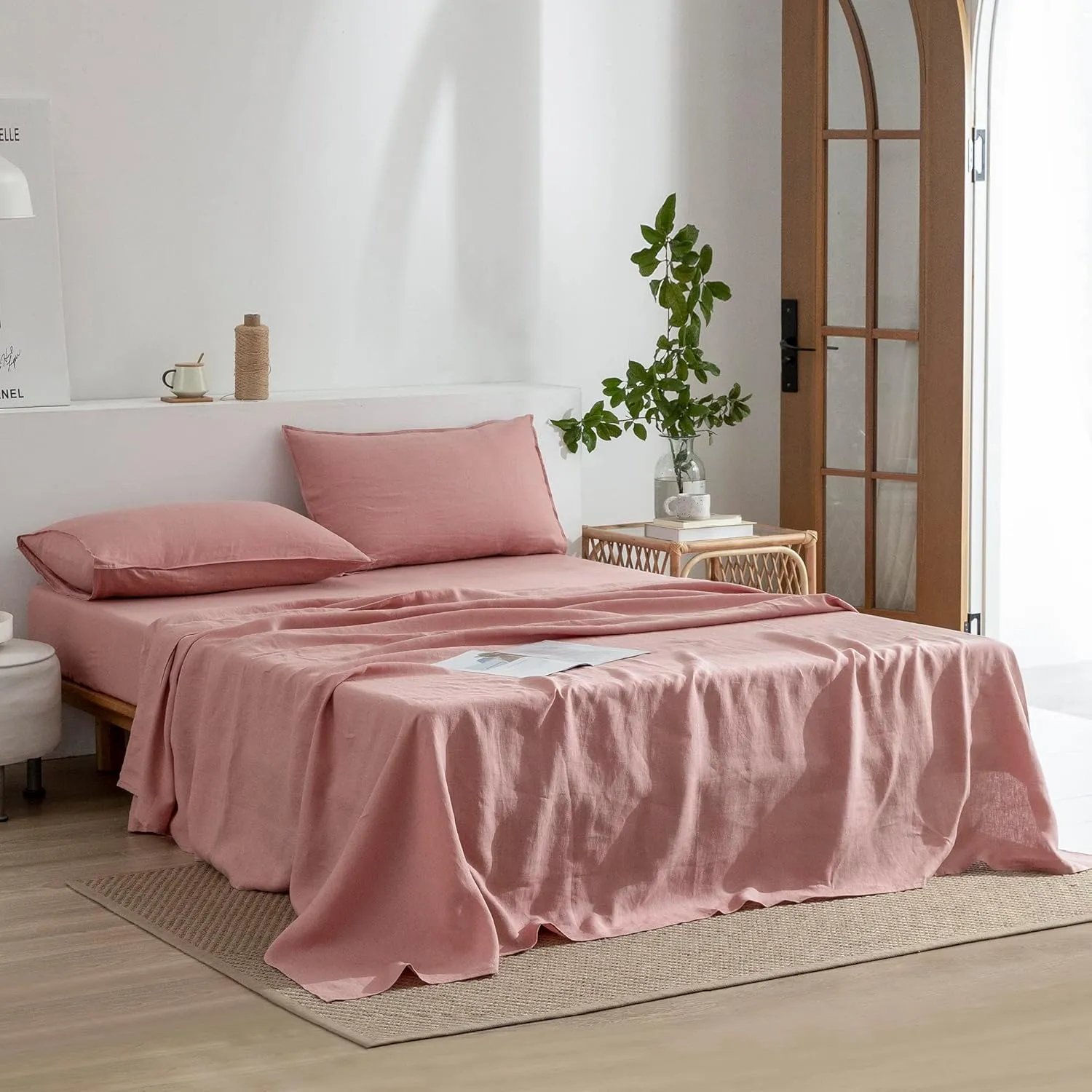 EVERLY Linen Queen Sheets Set, 100% Stonewashed French Linen Bed Sheets Deep Pocket Sheets, 4 Pieces (1 Flat Sheet, 1 Fitted Sheet, 2 Pillowcases) Natural Flax Bedding Set,Pink