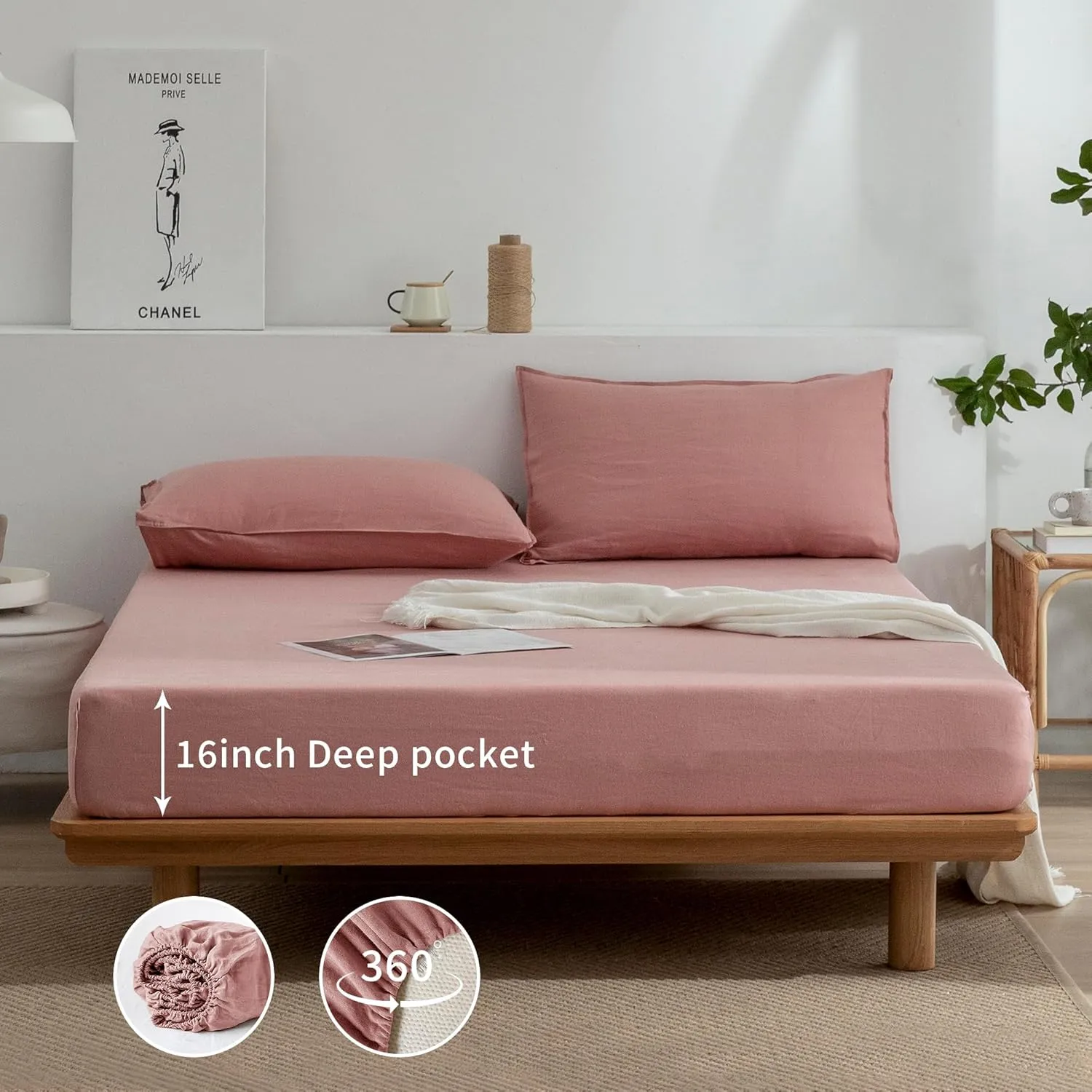 EVERLY Linen Queen Sheets Set, 100% Stonewashed French Linen Bed Sheets Deep Pocket Sheets, 4 Pieces (1 Flat Sheet, 1 Fitted Sheet, 2 Pillowcases) Natural Flax Bedding Set,Pink