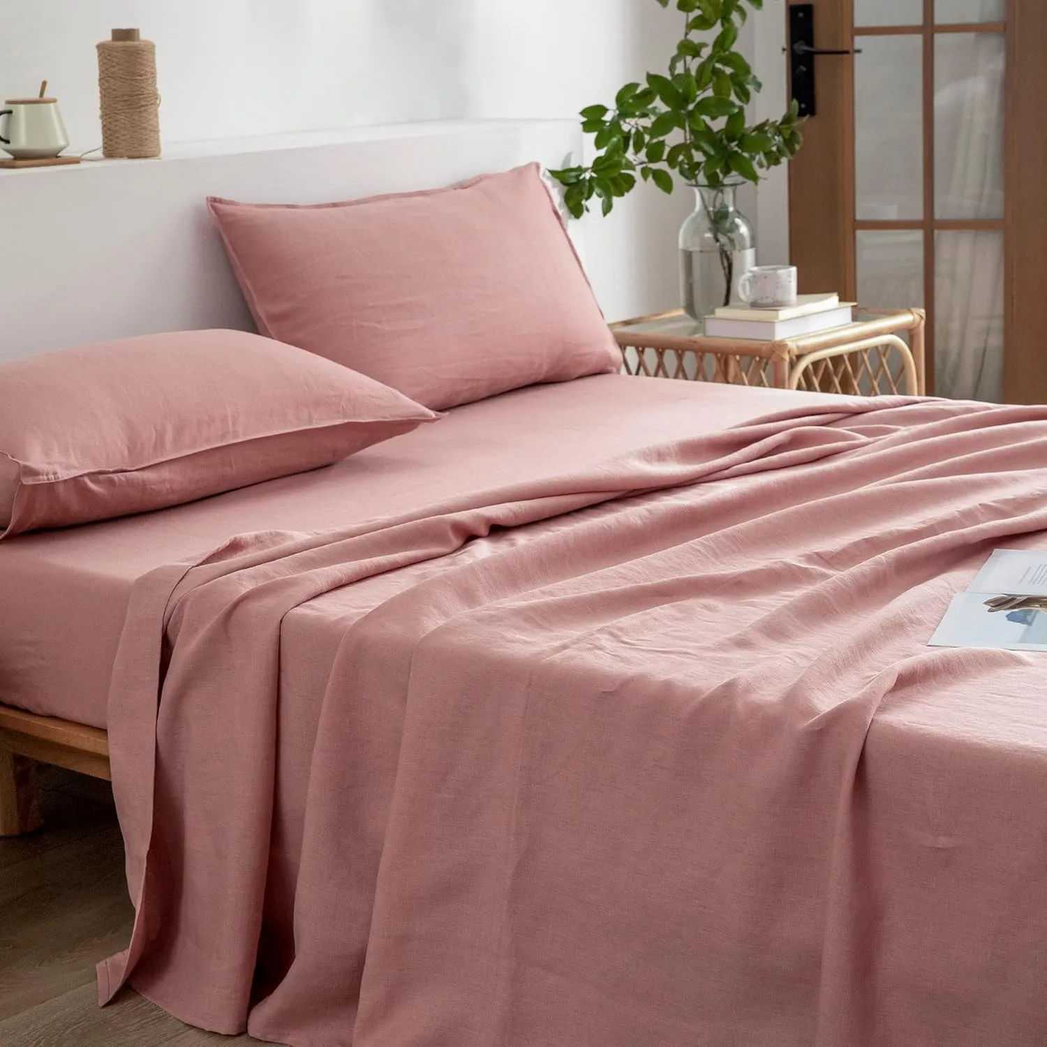 EVERLY Linen Queen Sheets Set, 100% Stonewashed French Linen Bed Sheets Deep Pocket Sheets, 4 Pieces (1 Flat Sheet, 1 Fitted Sheet, 2 Pillowcases) Natural Flax Bedding Set,Pink