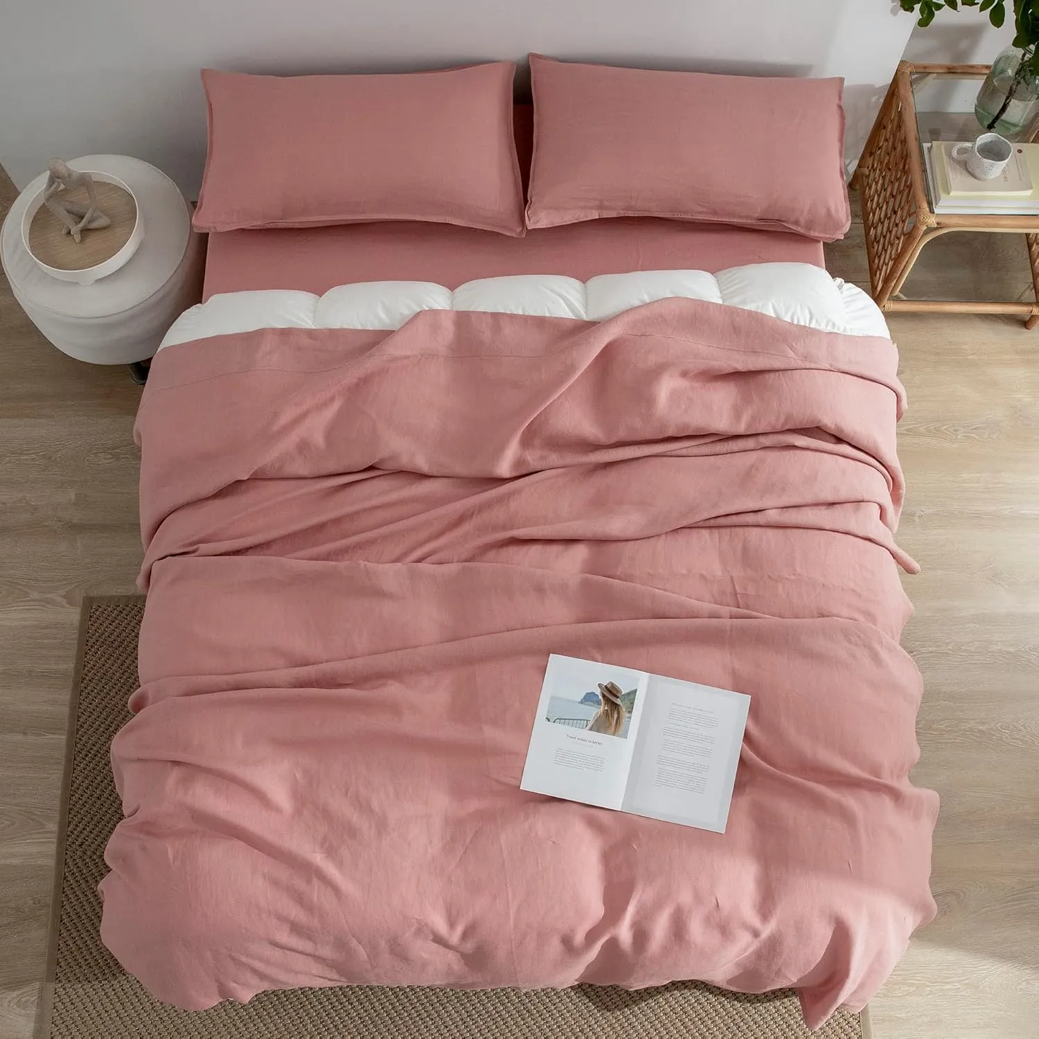 EVERLY Linen Queen Sheets Set, 100% Stonewashed French Linen Bed Sheets Deep Pocket Sheets, 4 Pieces (1 Flat Sheet, 1 Fitted Sheet, 2 Pillowcases) Natural Flax Bedding Set,Pink