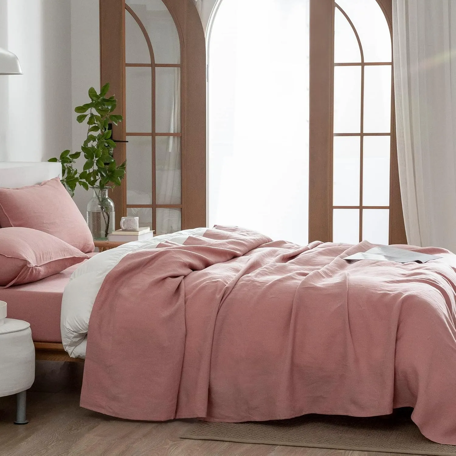 EVERLY Linen Queen Sheets Set, 100% Stonewashed French Linen Bed Sheets Deep Pocket Sheets, 4 Pieces (1 Flat Sheet, 1 Fitted Sheet, 2 Pillowcases) Natural Flax Bedding Set,Pink