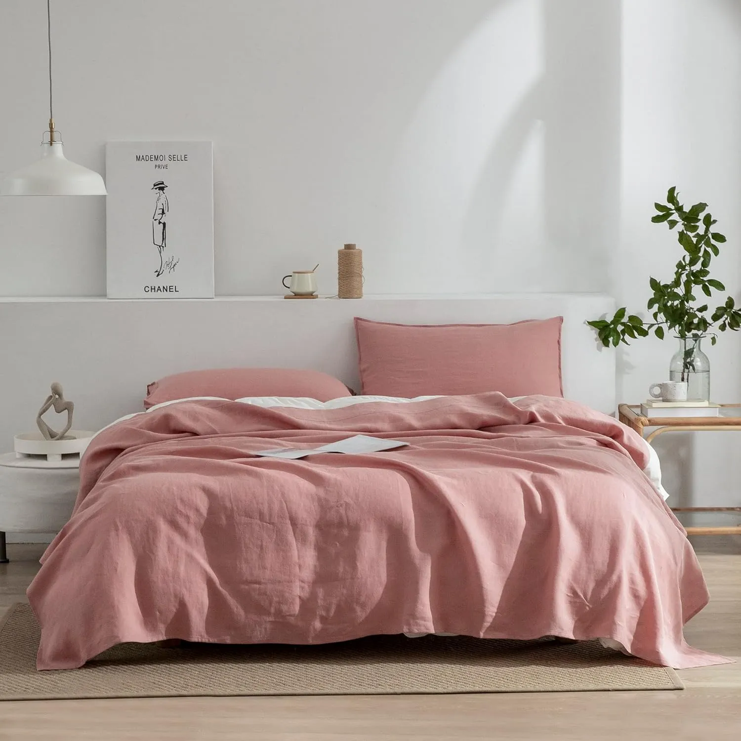 EVERLY Linen Queen Sheets Set, 100% Stonewashed French Linen Bed Sheets Deep Pocket Sheets, 4 Pieces (1 Flat Sheet, 1 Fitted Sheet, 2 Pillowcases) Natural Flax Bedding Set,Pink