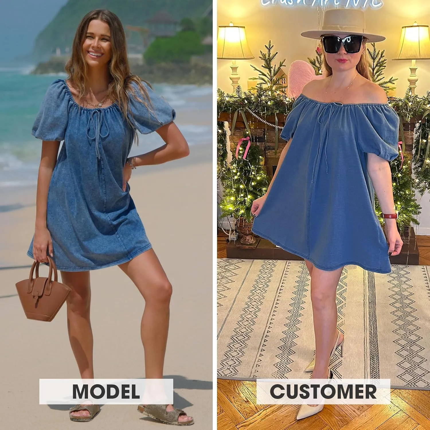 EXLURA Womens Summer Denim Short Puff Sleeve Dresses Knit Loose Plus Size Short Mini Dress 2025 Trendy Outfit